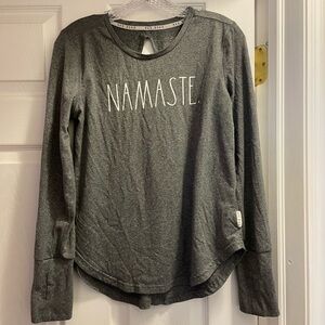 Rae Dunn Namaste Gray Long Sleeve Yoga Top Shirt Keyhole Back Women's Small